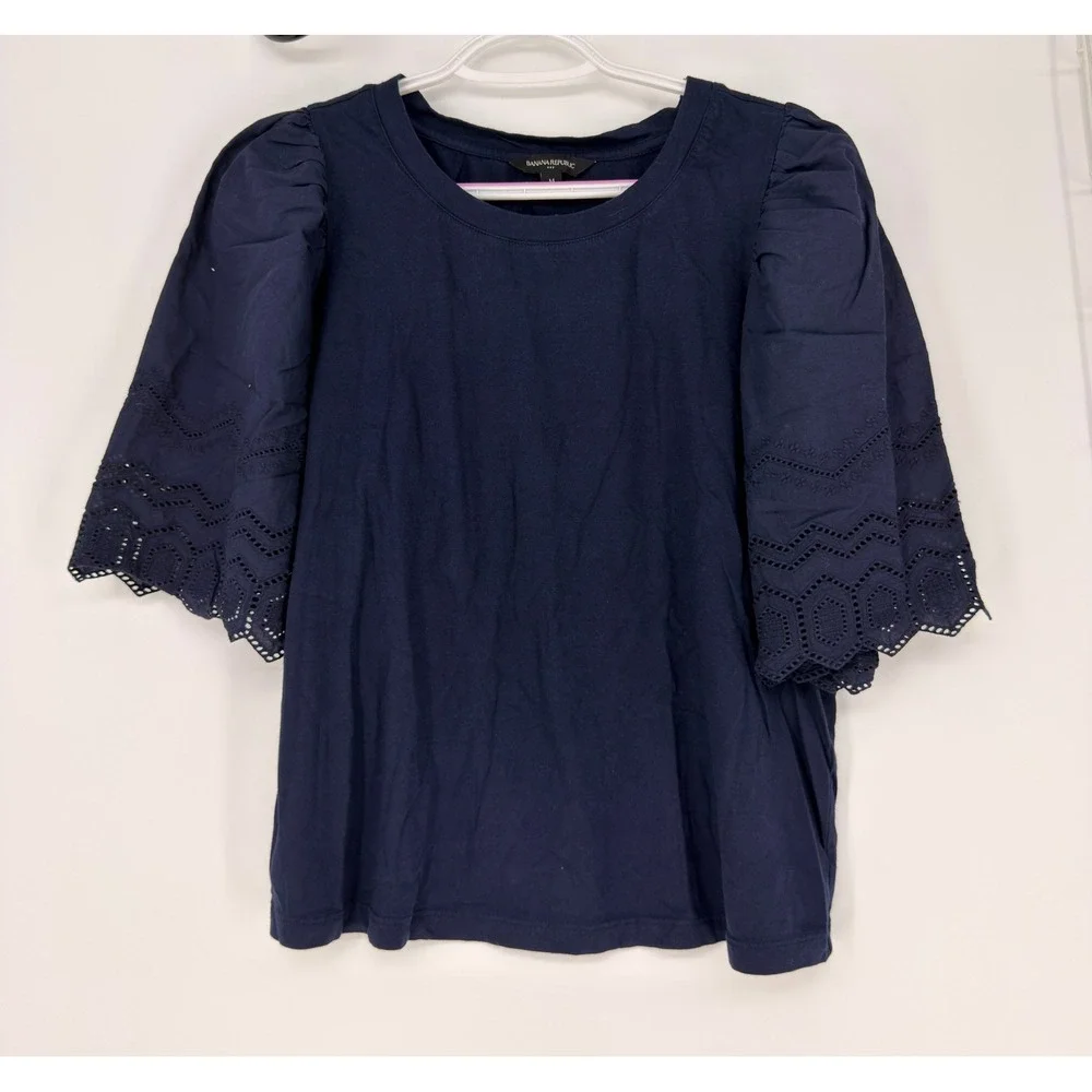 Banana Republic Top Women Medium Navy Blue Eyelet Puff Sleeve Boho Romantic Chic